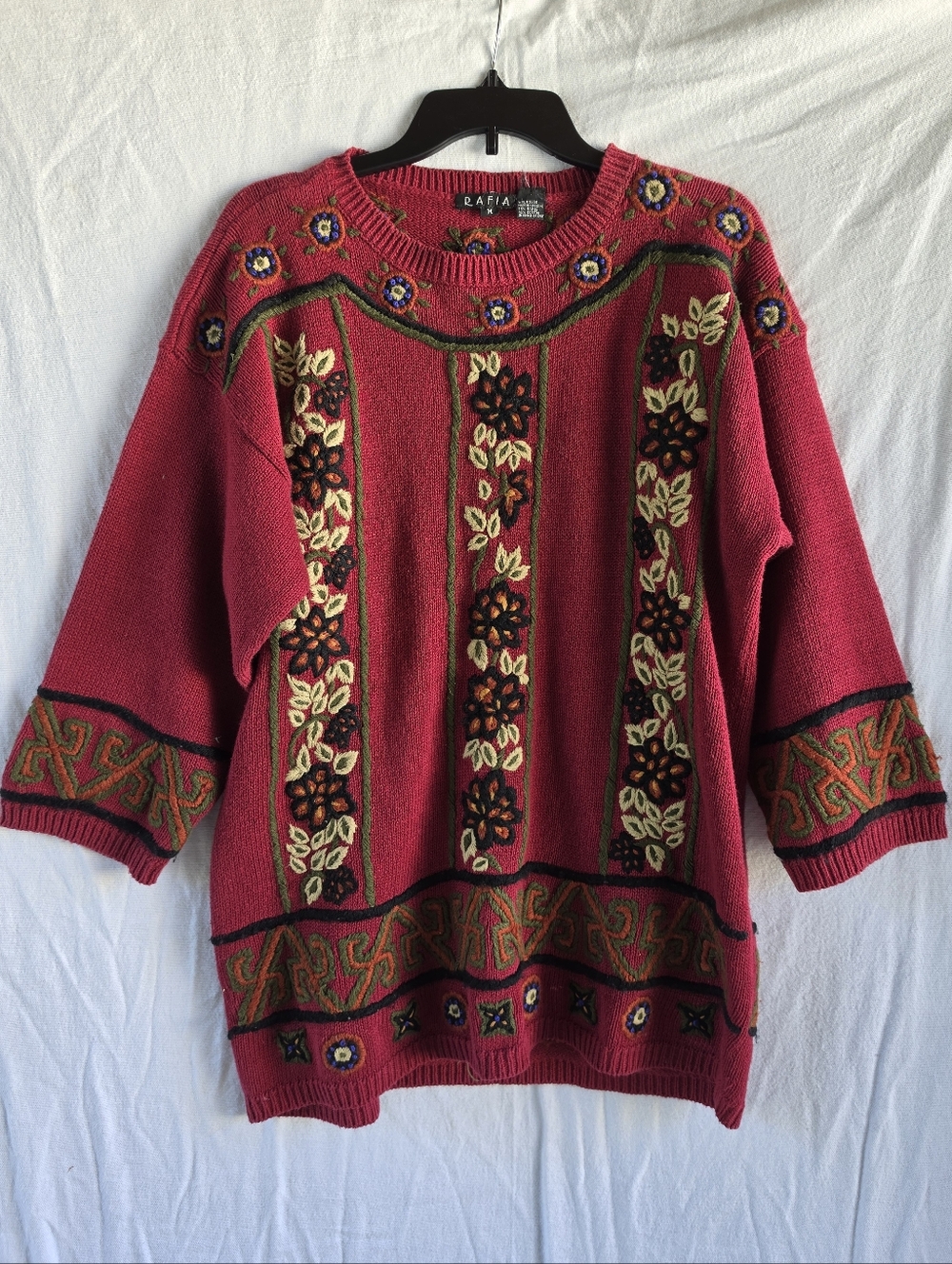 Vintage RAFIA Embroidered Floral Sweater Rose Red Crewneck Ramie Cotton Medium